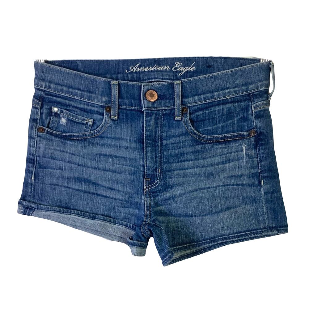 NWOT AMERICAN EAGLE Shorts Size 6 Navy-Blue Denim Stretch Distressed Zip Pocket